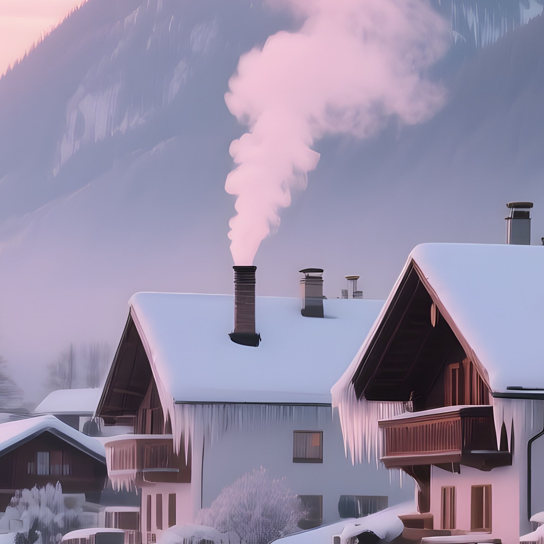 A Snow‑Covered Alpine Village At Sunrise, Smoke Curling From Chimneys, Icicles Glinting On Wooden - Full Resolution Quality Preview