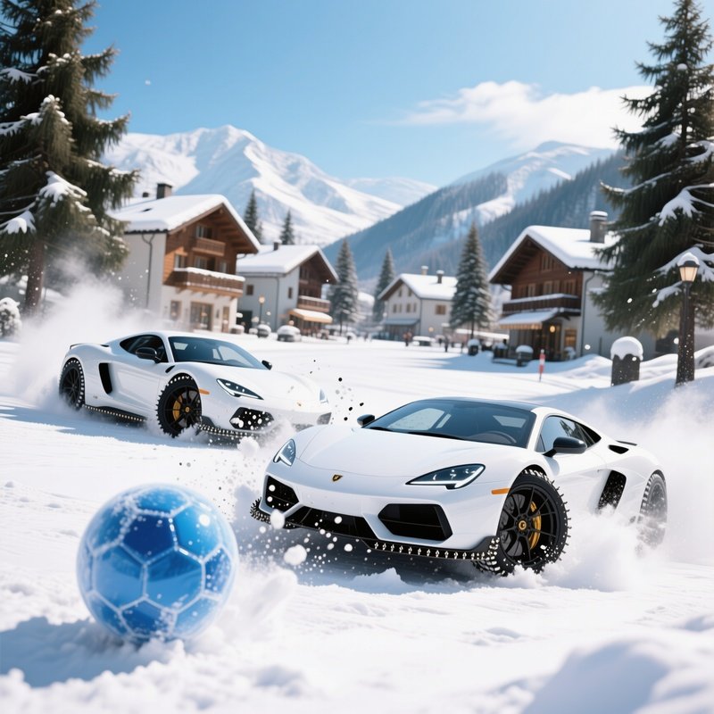 A Snow‑Covered Alpine Village Square Under A Bright Midday Sky, Sleek White Sports Cars Equipped