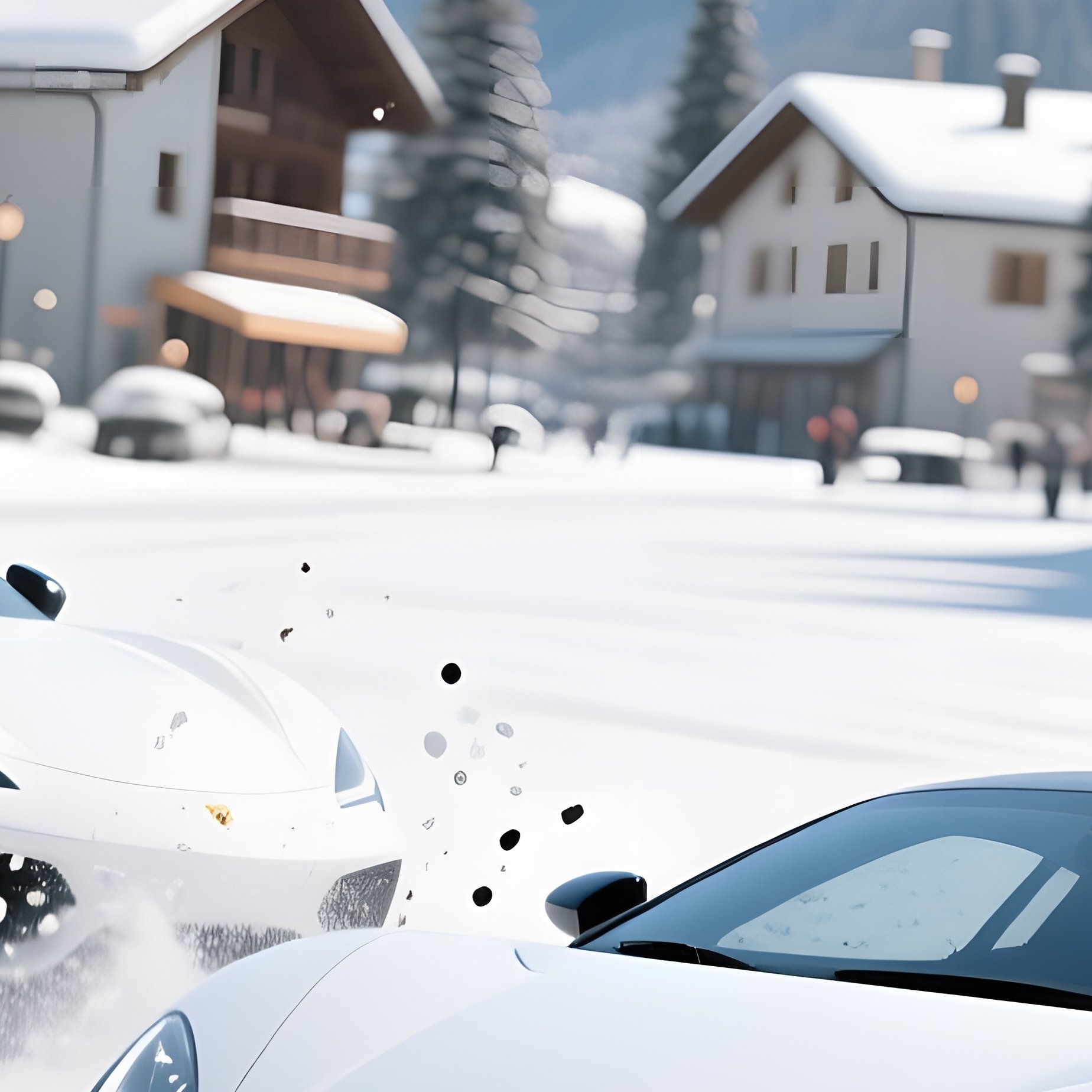A Snow‑Covered Alpine Village Square Under A Bright Midday Sky, Sleek White Sports Cars Equipped - Full Resolution Quality Preview