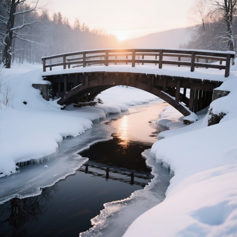 A Snow‑Covered Bridge Over A Frozen Creek In Early Winter, Wooden Planks Dark Against White, Low