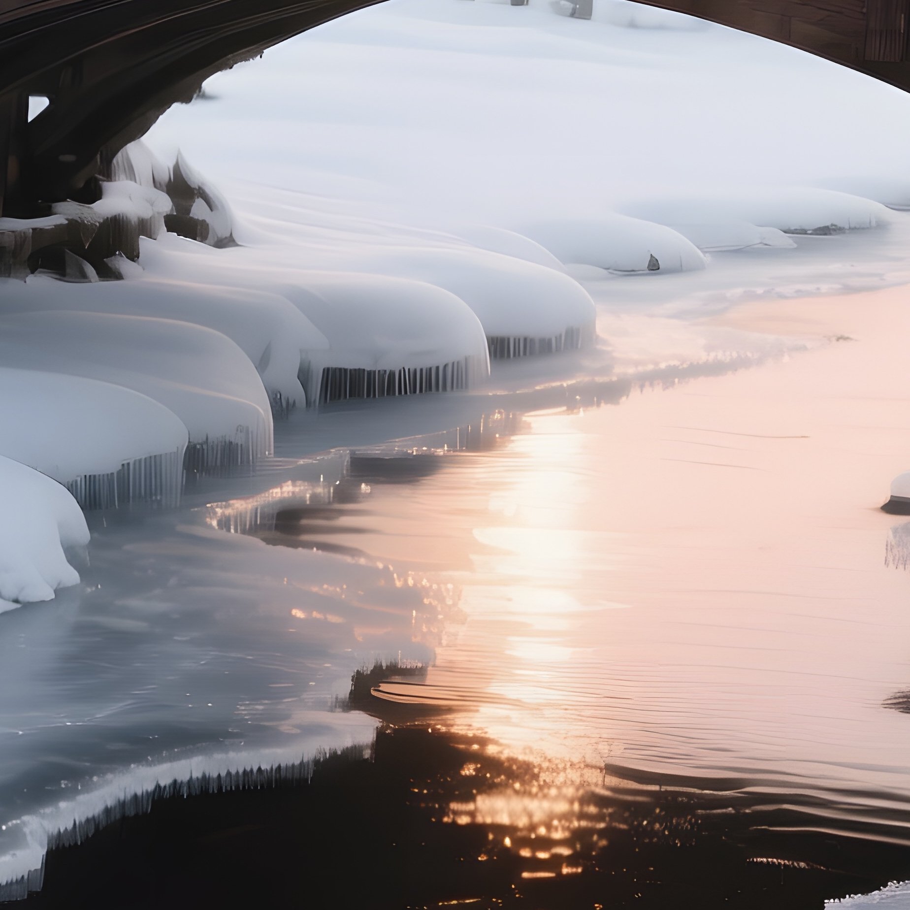 A Snow‑Covered Bridge Over A Frozen Creek In Early Winter, Wooden Planks Dark Against White, Low - Full Resolution Quality Preview