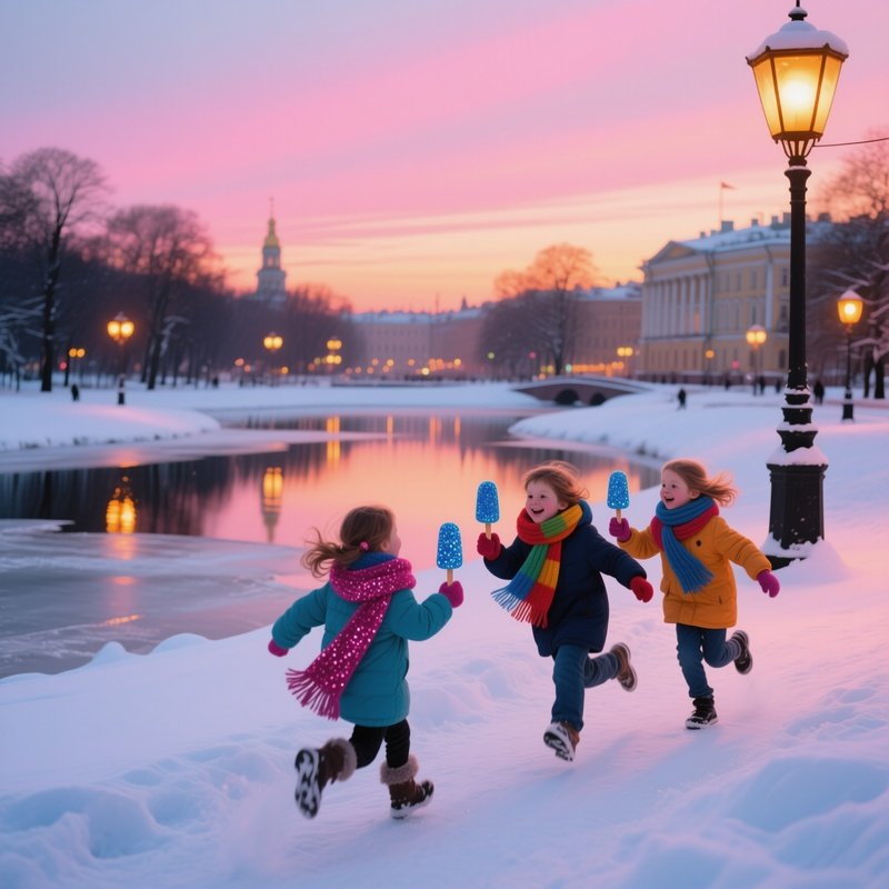 A Snow Covered Park In Saint Petersburg At Twilight, Children In Colorful Scarves Chase Each Other