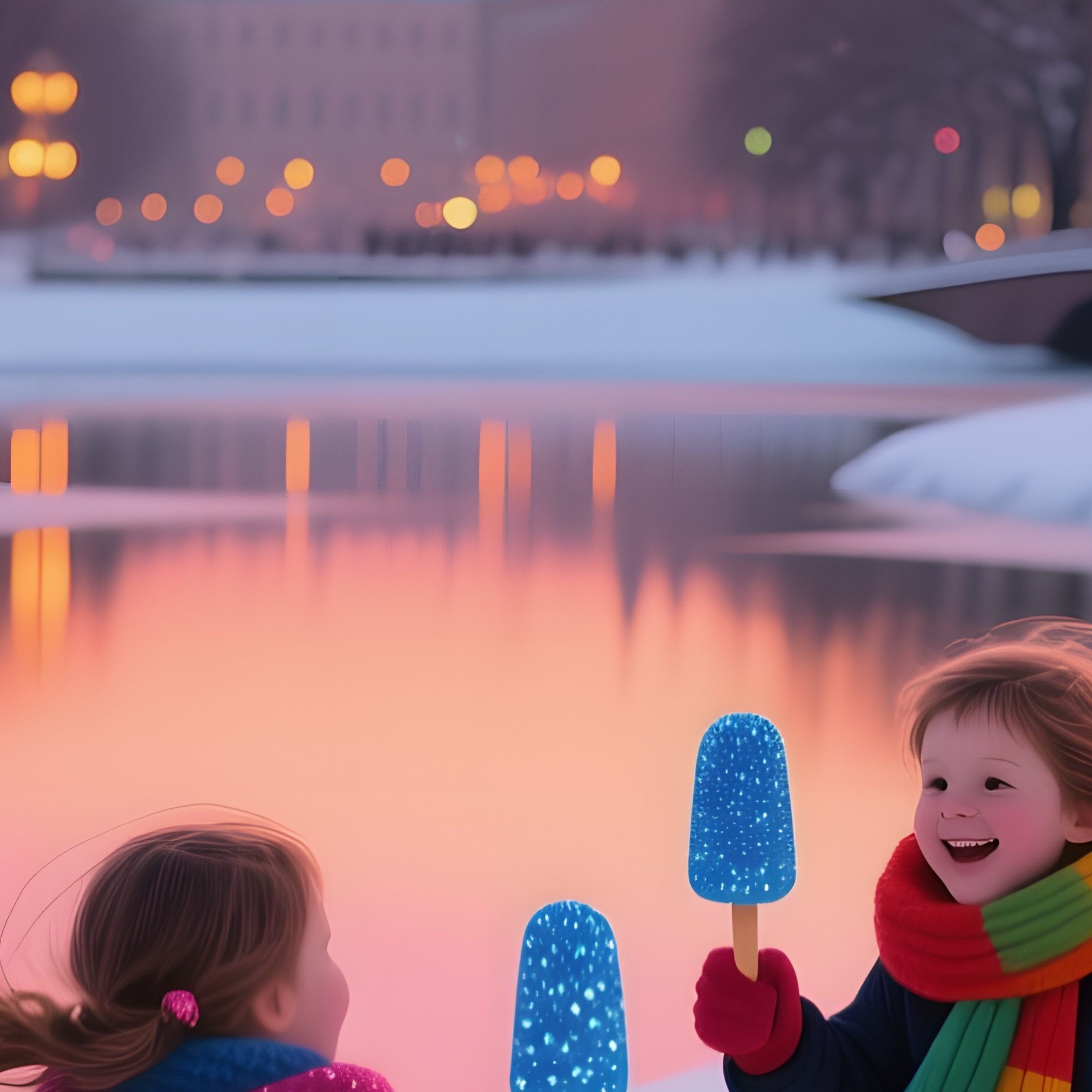A Snow Covered Park In Saint Petersburg At Twilight, Children In Colorful Scarves Chase Each Other - Full Resolution Quality Preview