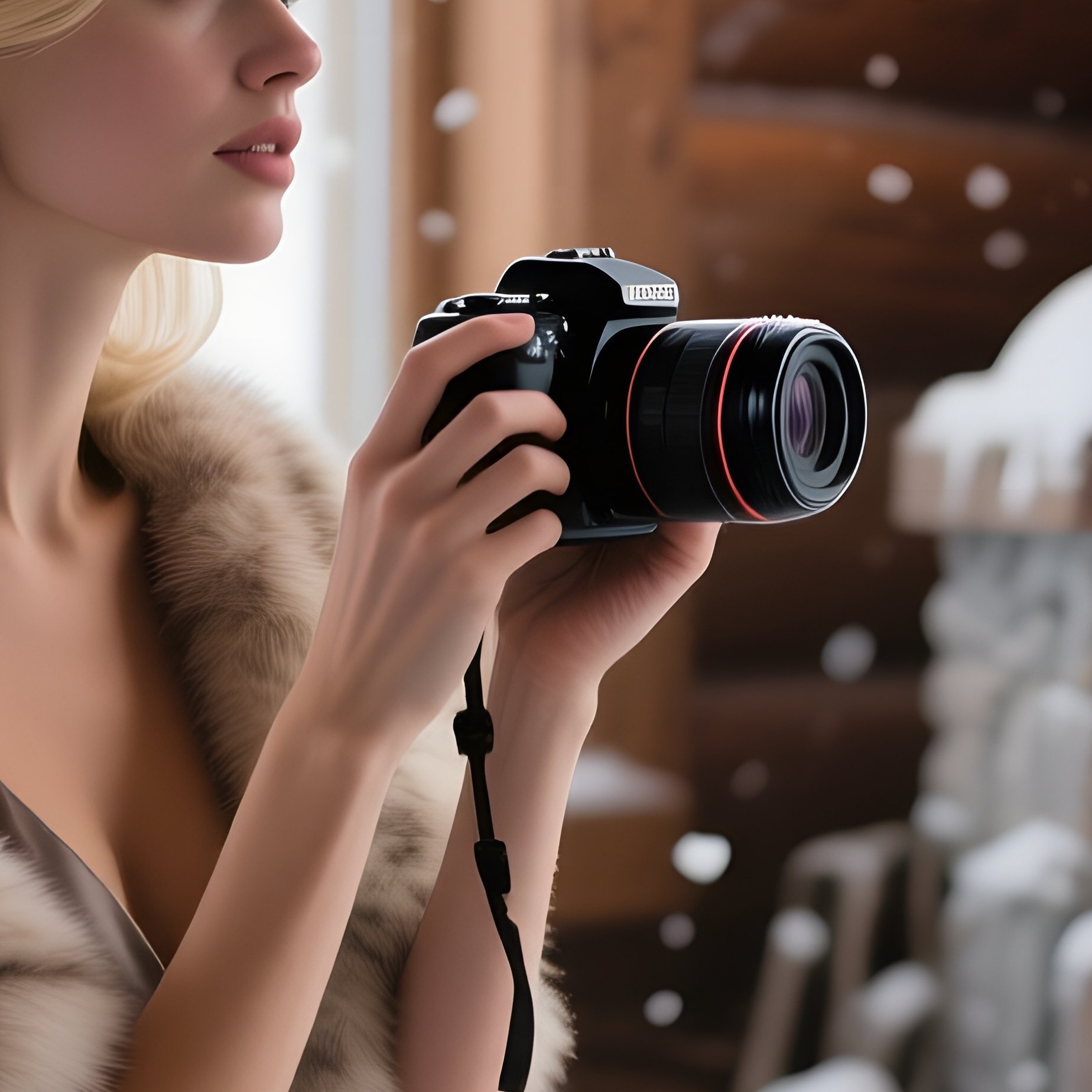 A Snow‑Covered Ski Lodge Lounge, A Frosty Blonde In A Fur‑Trimmed Slip Dress With One Shoulder - Full Resolution Quality Preview