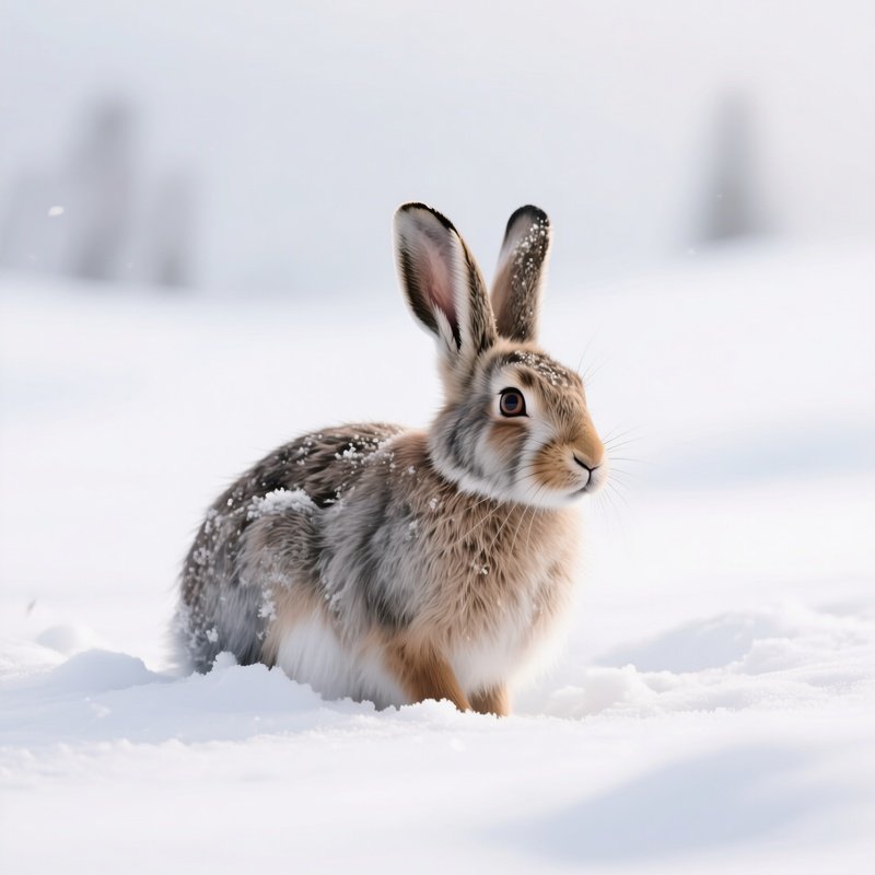 A Snow Hare Blending Perfectly Into A White Landscape.