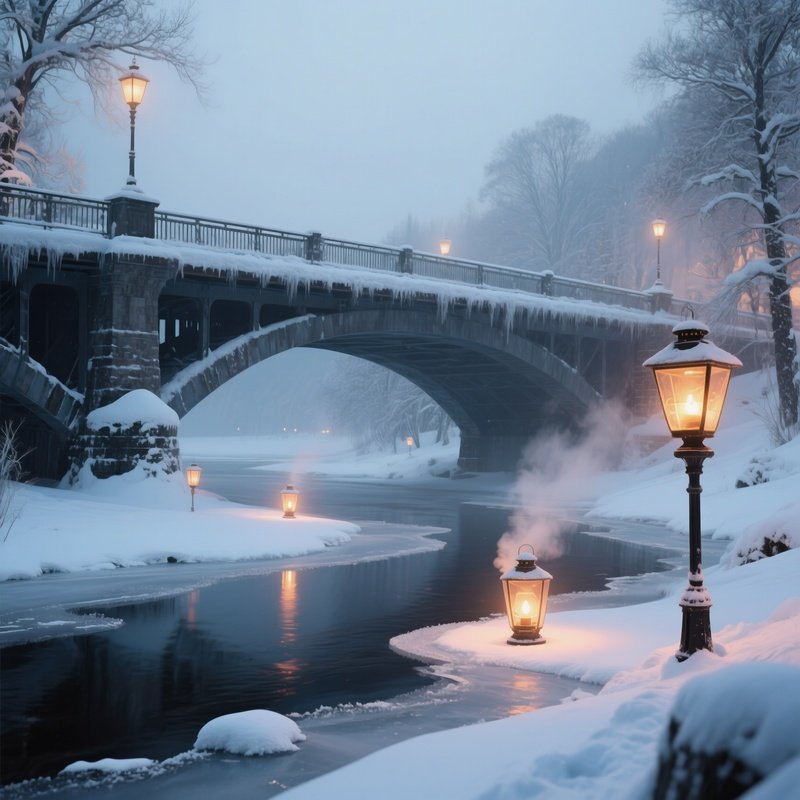 A Snow‑Laden Bridge Over A Frozen River In Early Winter, Lanterns Casting Warm Pools Of Light,