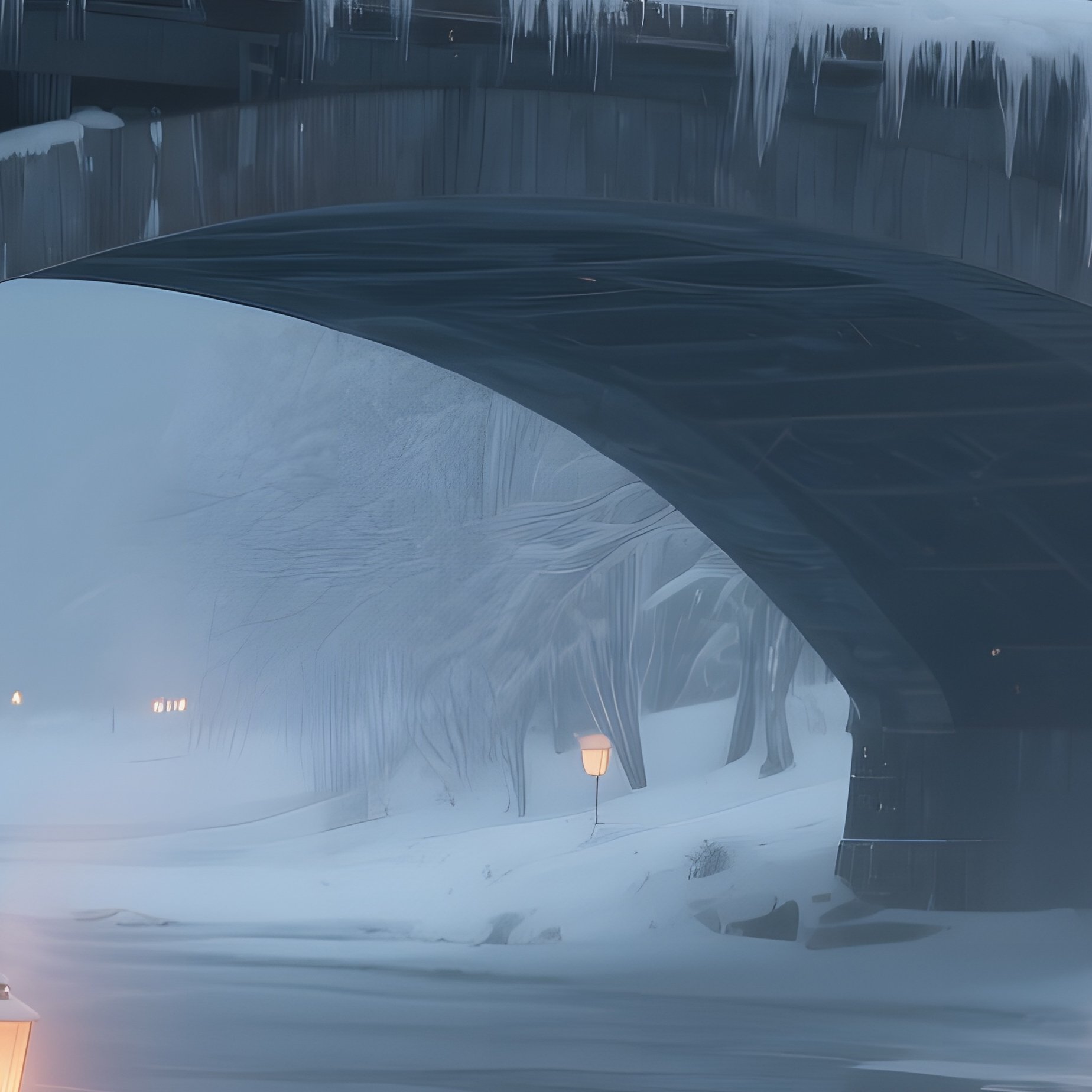 A Snow‑Laden Bridge Over A Frozen River In Early Winter, Lanterns Casting Warm Pools Of Light, - Full Resolution Quality Preview