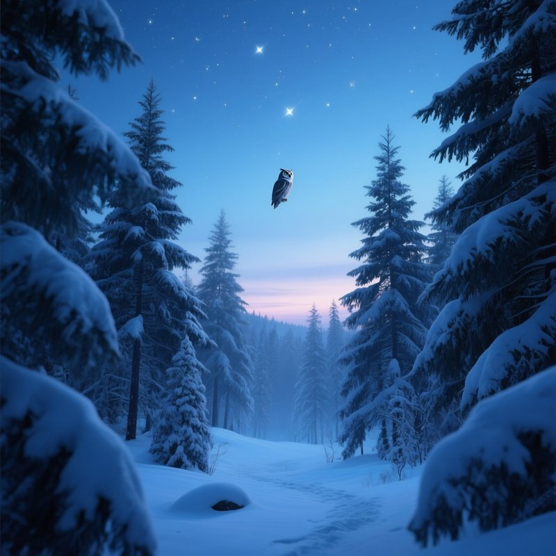 A Snow‑Laden Pine Forest At Twilight In Deep Winter, Stars Beginning To Appear, Soft Blue Hue