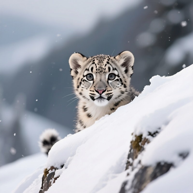 A Snow Leopard Cub Peeking Over A Snowy Ridge.