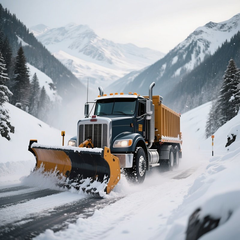 A Snowplow Truck Clearing A Snowy Mountain Pass