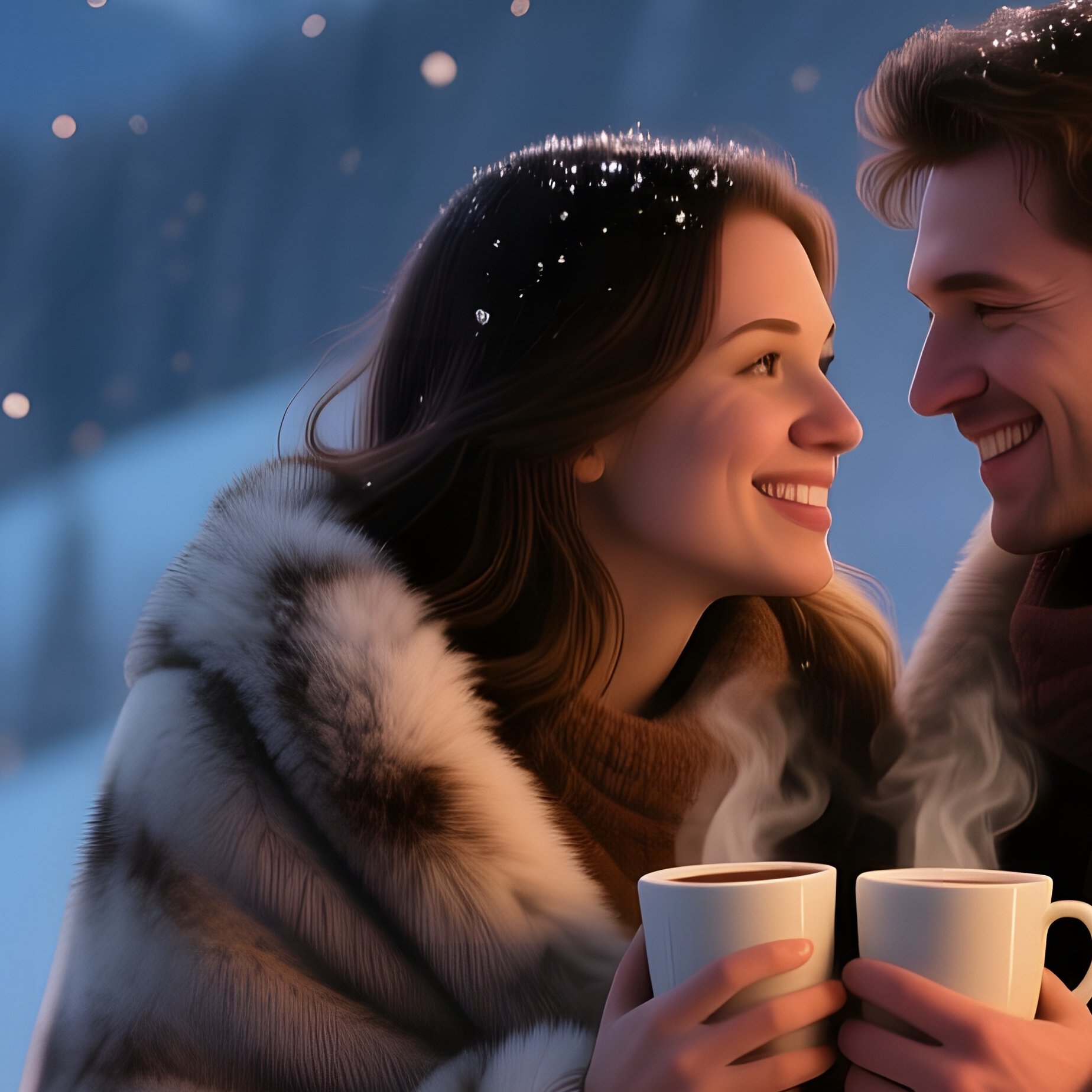A Snowy Alpine Chalet Balcony At Twilight, Lovers Wrapped In Fur Blankets Sipping Hot Cocoa, - Full Resolution Quality Preview