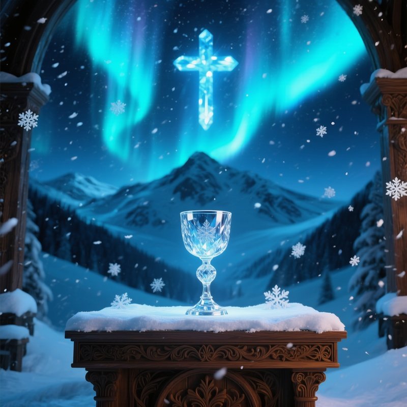 A Snowy Alpine Chapel Altar Under Aurora Borealis, Icy Blue Light Bathing A Crystal Chalice,