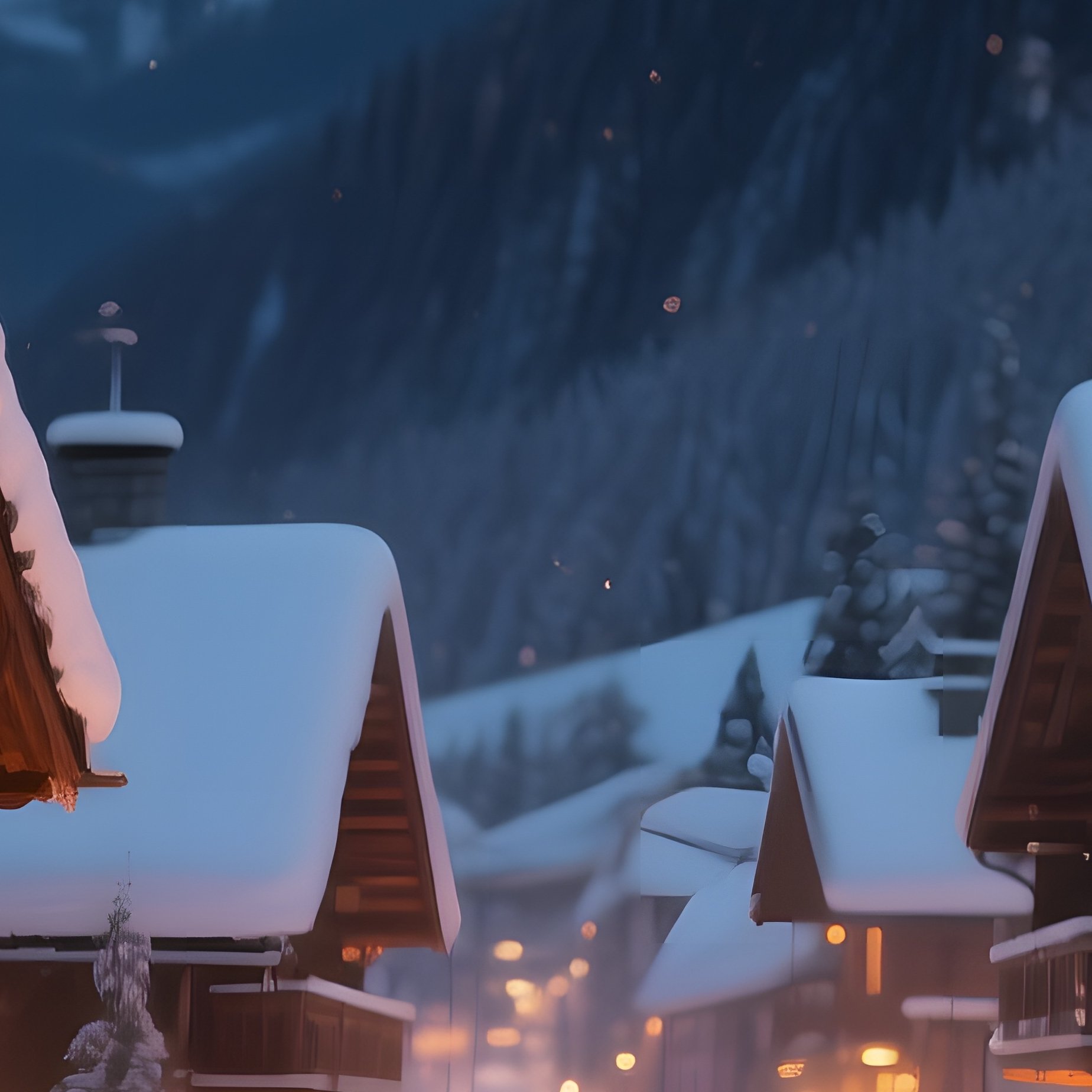 A Snowy Alpine Village At Night, Chalet Roofs Made Of Smooth White Clay Dusted With Faux Snow, - Full Resolution Quality Preview