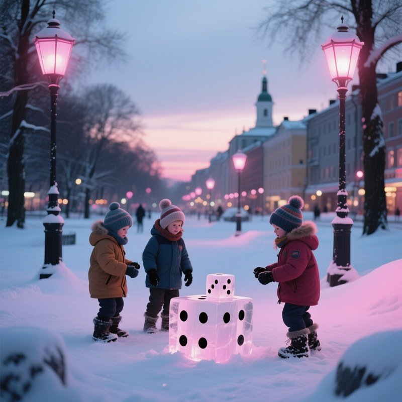 A Snowy City Park In Helsinki At Dusk, Children Bundled Up Playing Gotscha With Dice Carved From