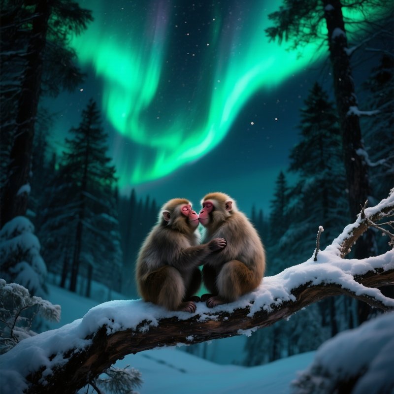 A Snowy Evening In A Pine Forest Illuminated By Northern Lights, Two Japanese Macaques Huddle
