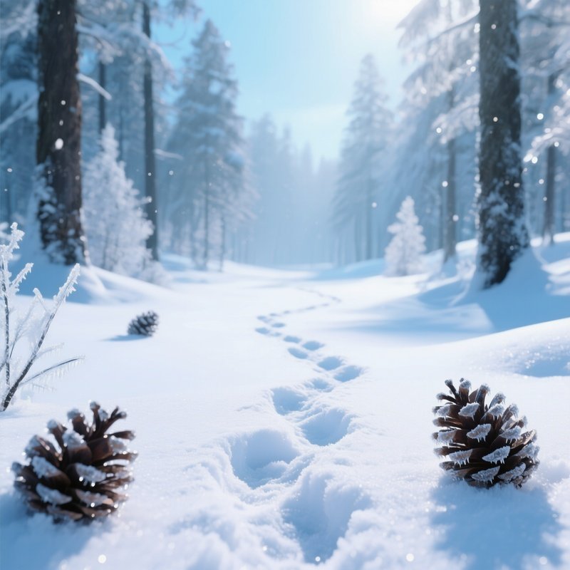 A Snowy Forest Clearing At Midday In Deep Winter, Crisp Blue Light, Animal Tracks Crossing Pristine