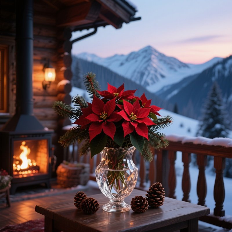 A Snowy Mountain Chalet Balcony At Dusk Featuring A Crystal Vase Filled With Deep Red Poinsettias,