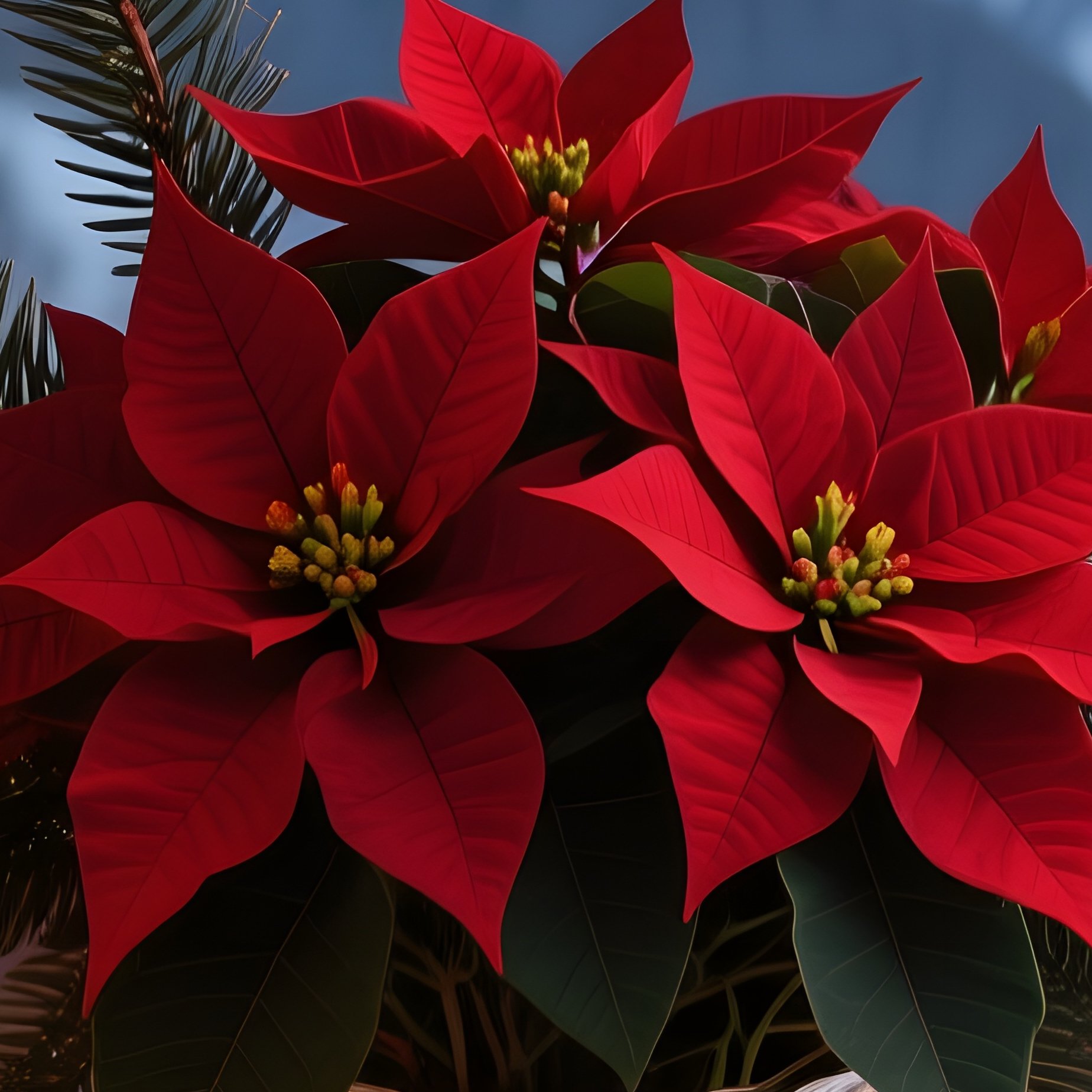 A Snowy Mountain Chalet Balcony At Dusk Featuring A Crystal Vase Filled With Deep Red Poinsettias, - Full Resolution Quality Preview