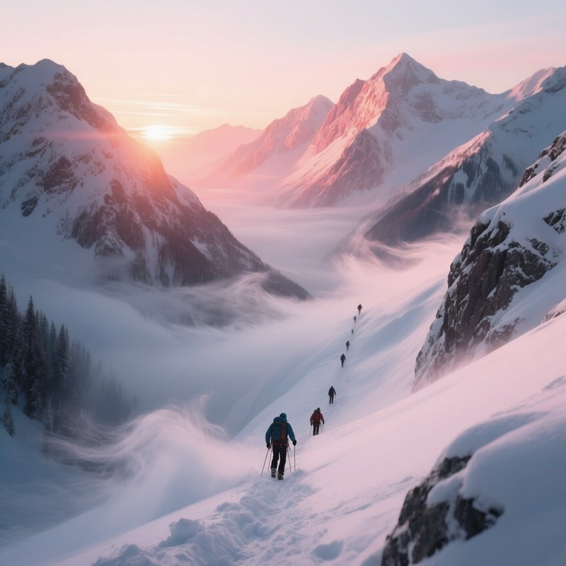 A Snowy Mountain Pass At Sunrise In Deep Winter, Sun Painting Peaks Rose Gold, Wind Swirling Fresh