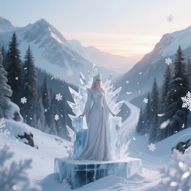 A Snowy Mountain Pass Under A Pale Sunrise Where The Snow Queen Stands On An Ice Throne,