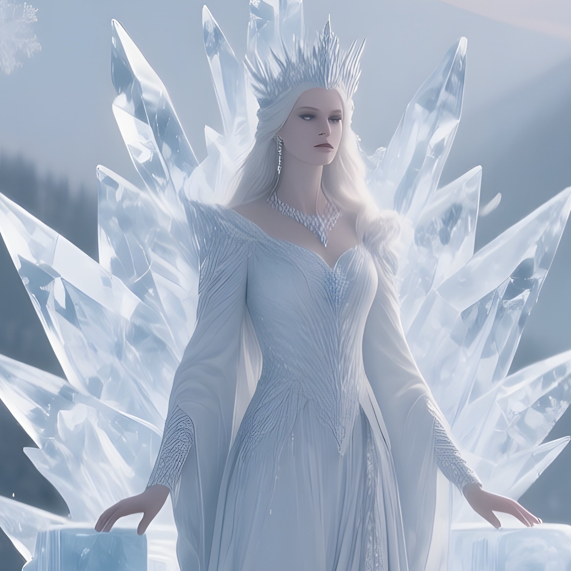 A Snowy Mountain Pass Under A Pale Sunrise Where The Snow Queen Stands On An Ice Throne, - Full Resolution Quality Preview