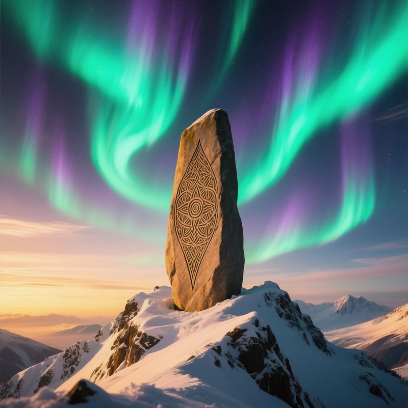A Snowy Mountain Peak At Golden Hour, A Solitary Stone Monolith Etched With Intricate Fractal