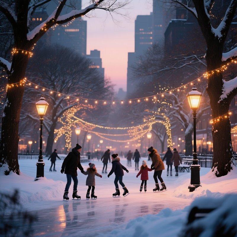 A Snowy Urban Park At Dusk In Deep Winter, Twinkling Fairy Lights Strung Among Trees, Families Ice