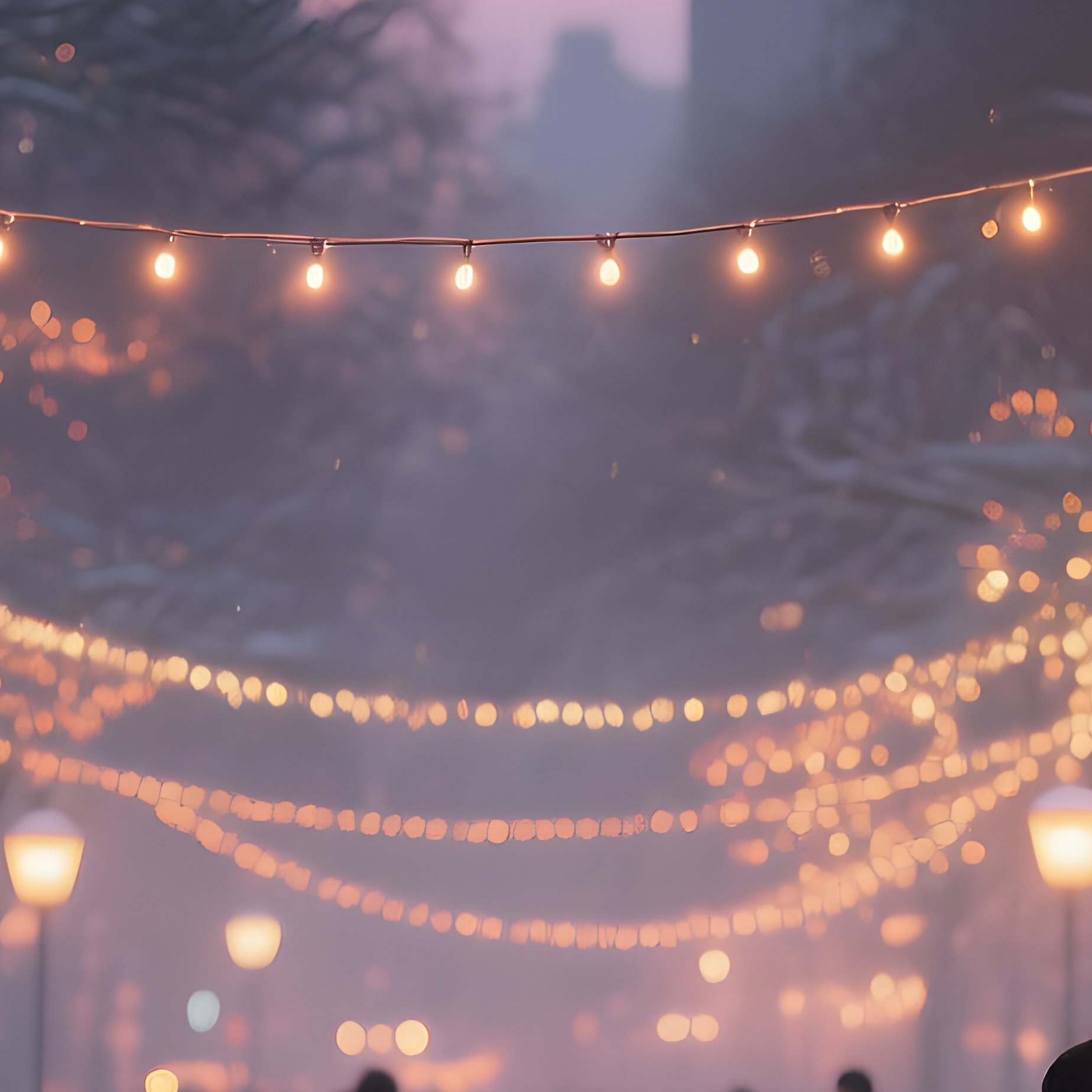 A Snowy Urban Park At Dusk In Deep Winter, Twinkling Fairy Lights Strung Among Trees, Families Ice - Full Resolution Quality Preview