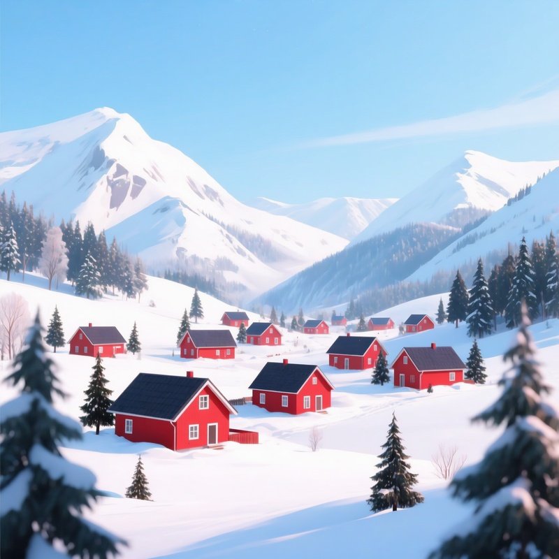 A Snowy Village Nestled In A Mountainous Landscape Winter Village
