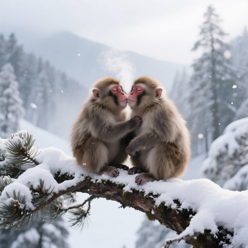 A Snowy Winter Scene In A High‑Altitude Forest, Two Japanese Macaques Cuddle And Kiss Atop A