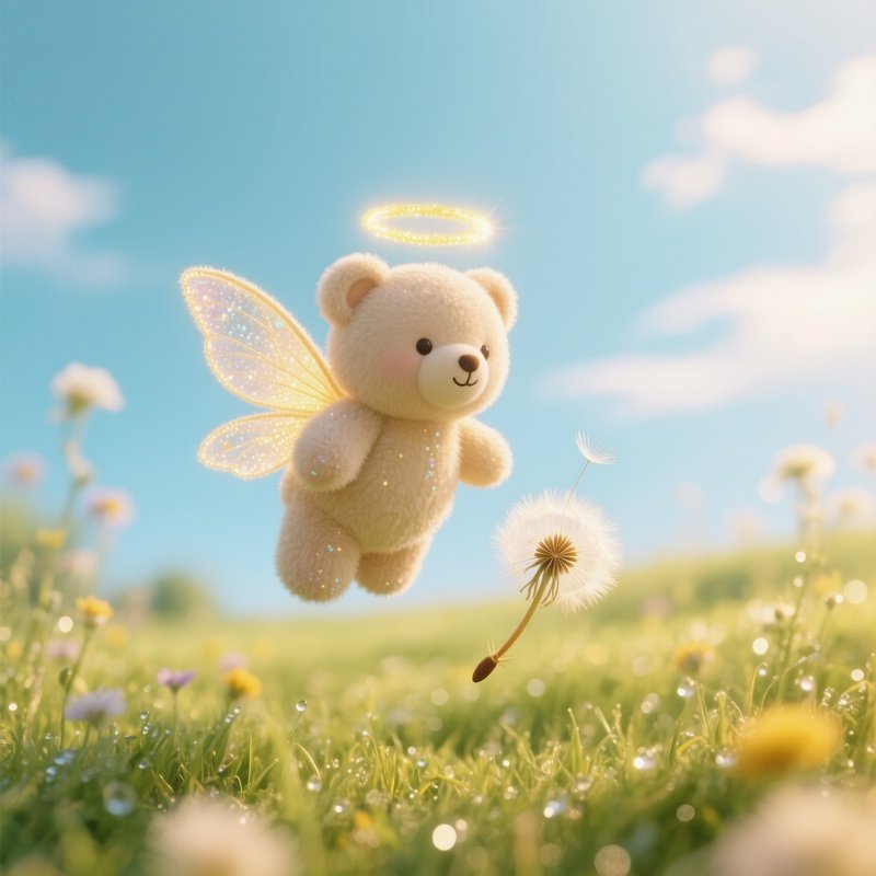 A Snuggly Fairy Bear Riding A Floating Dandelion Seed