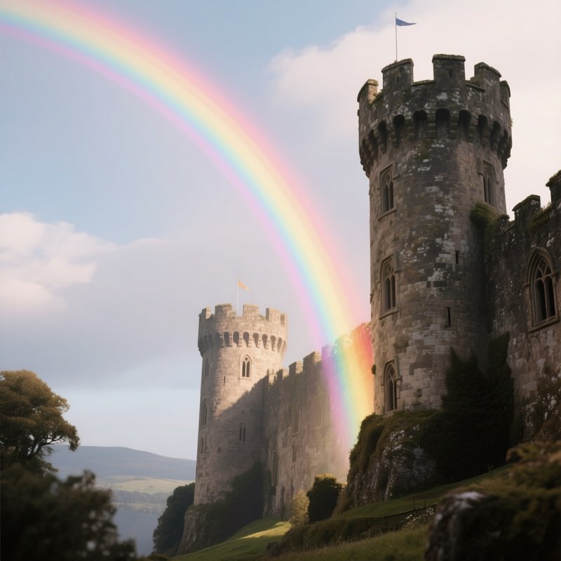 A Soft Rainbow Touching The Towers Of An Ancient Castle