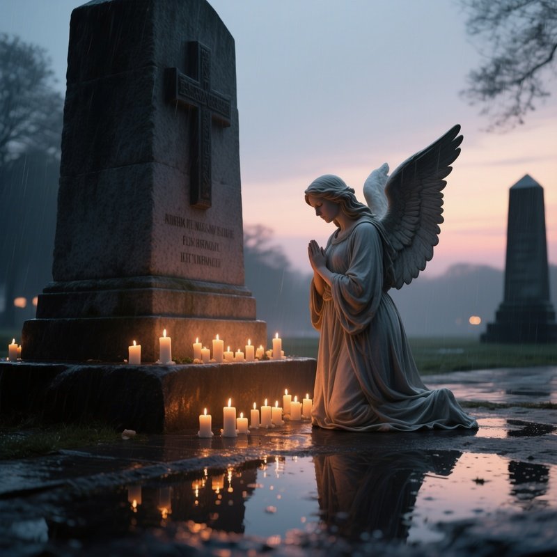 A Solemn Angelic Figure Kneeling Beside A War Memorial At Dusk, Candles Flickering Around Her And A