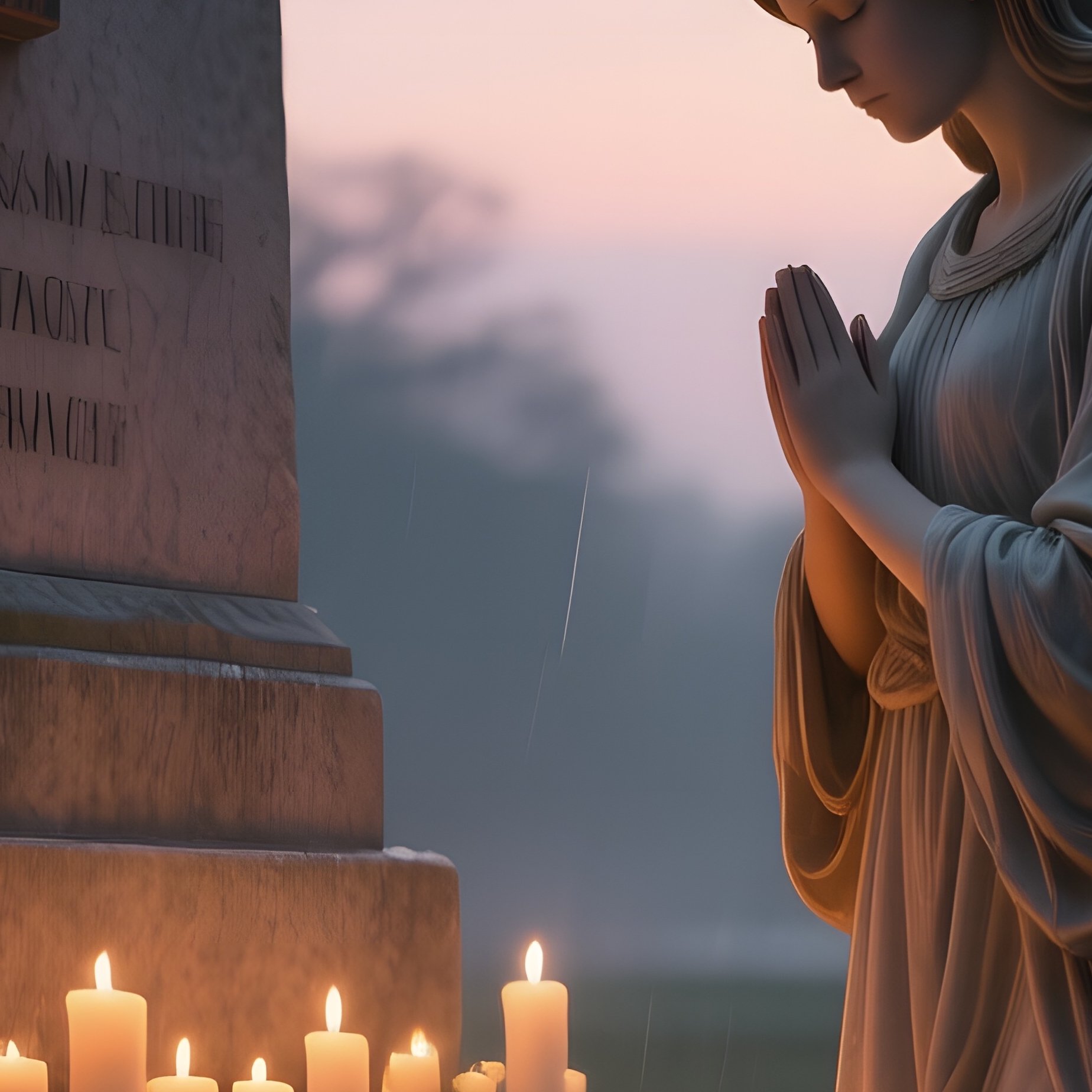 A Solemn Angelic Figure Kneeling Beside A War Memorial At Dusk, Candles Flickering Around Her And A - Full Resolution Quality Preview