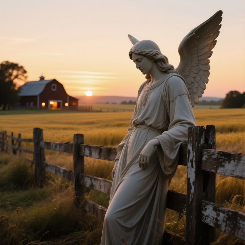 A Solemn Guardian Angel Leaning Against A Weathered Wooden Fence On A Quiet Farmstead At Sunset,