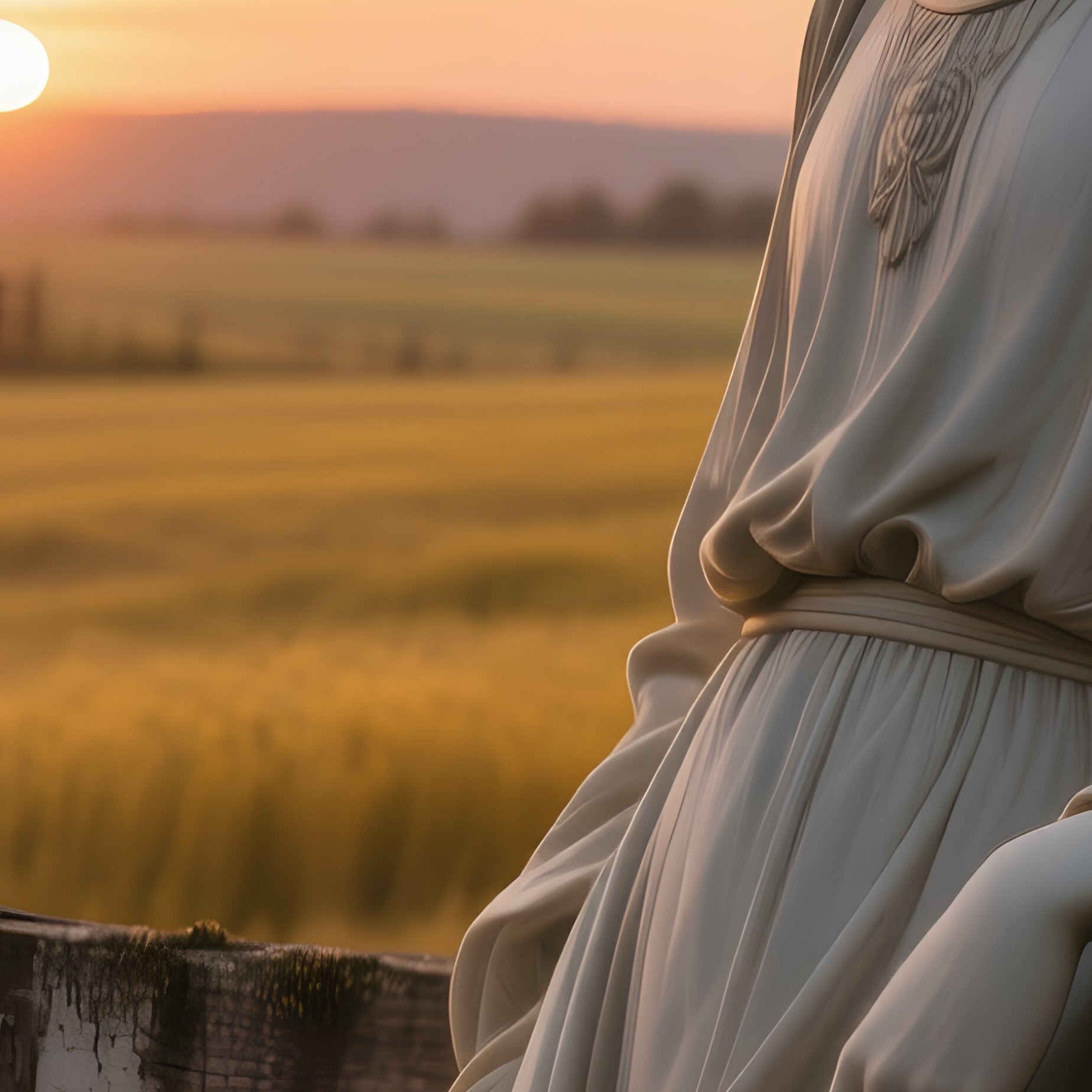 A Solemn Guardian Angel Leaning Against A Weathered Wooden Fence On A Quiet Farmstead At Sunset, - Full Resolution Quality Preview
