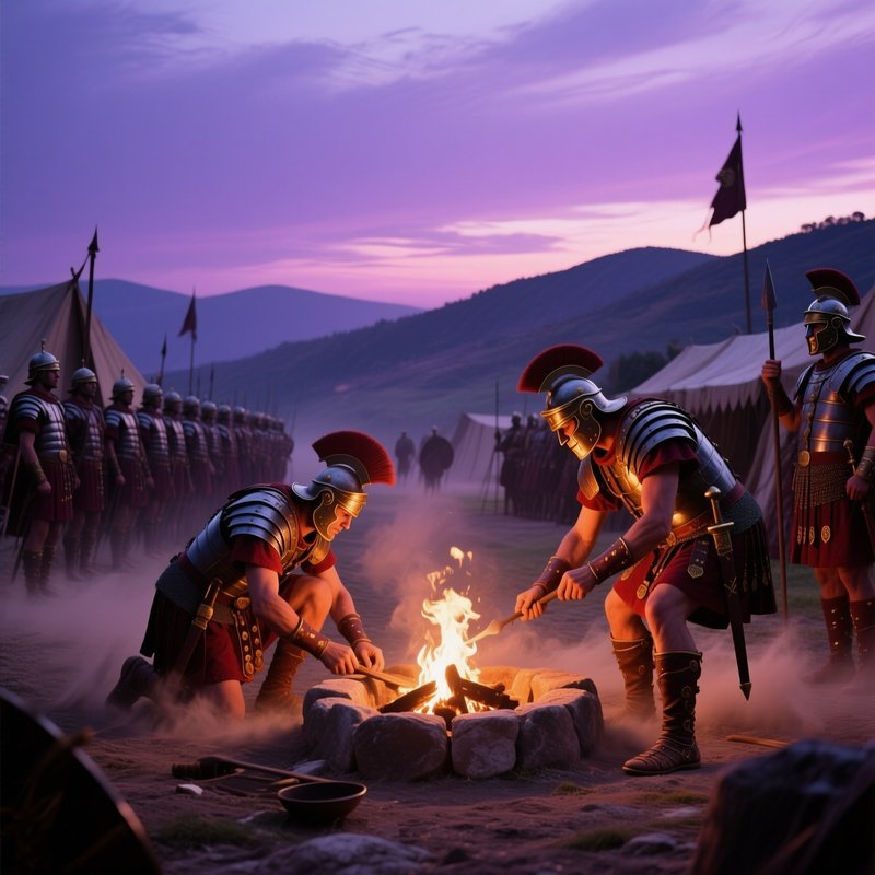 A Solemn Roman Legionary Camp At Dusk, Disciplined Soldiers Polishing Armor Beside A Stone Fire