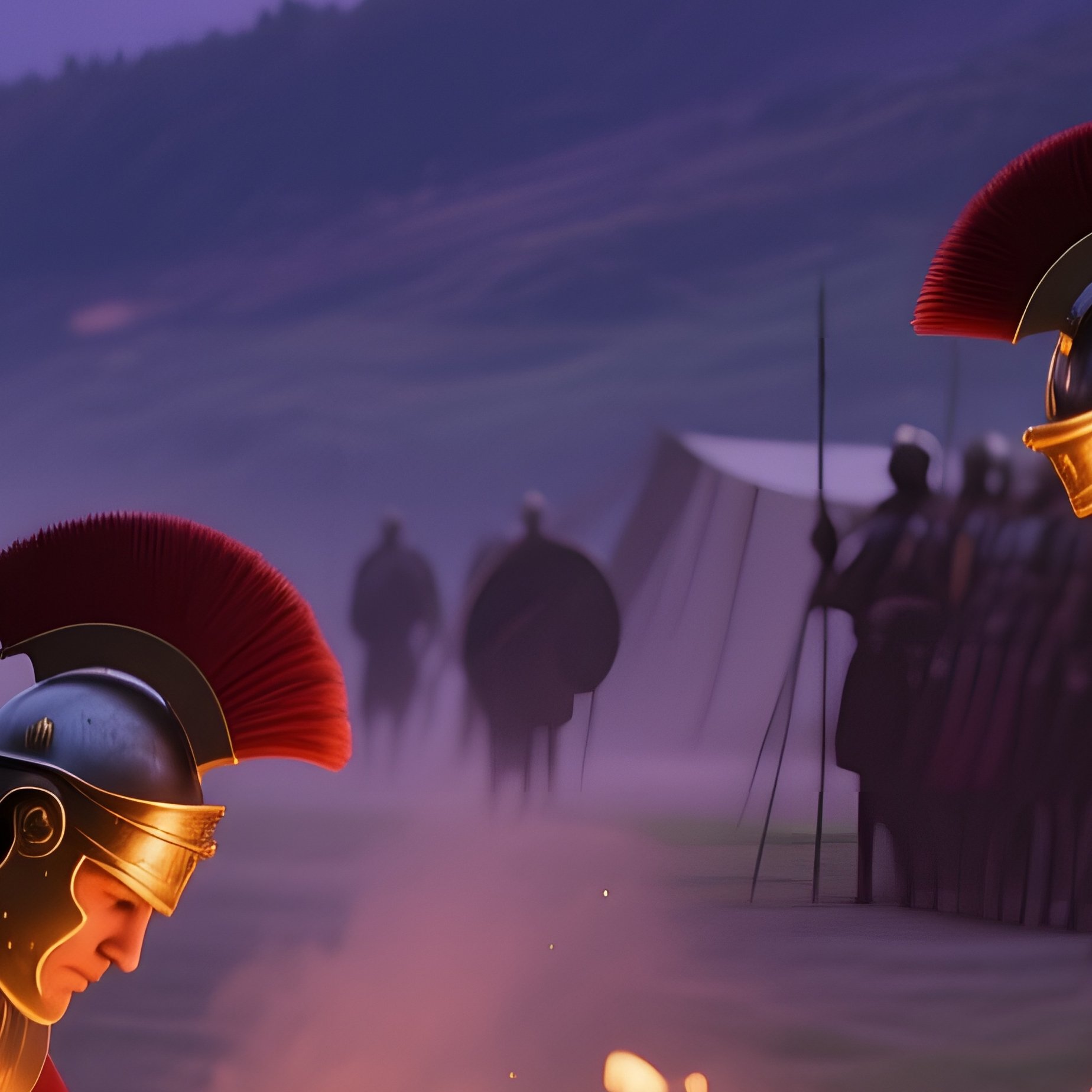 A Solemn Roman Legionary Camp At Dusk, Disciplined Soldiers Polishing Armor Beside A Stone Fire - Full Resolution Quality Preview