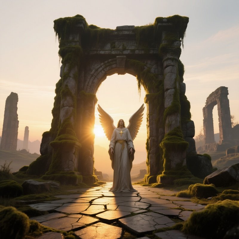 A Solemn Seraph Standing Before A Massive Stone Gate Covered In Moss At Dawn, Sunrise Spilling