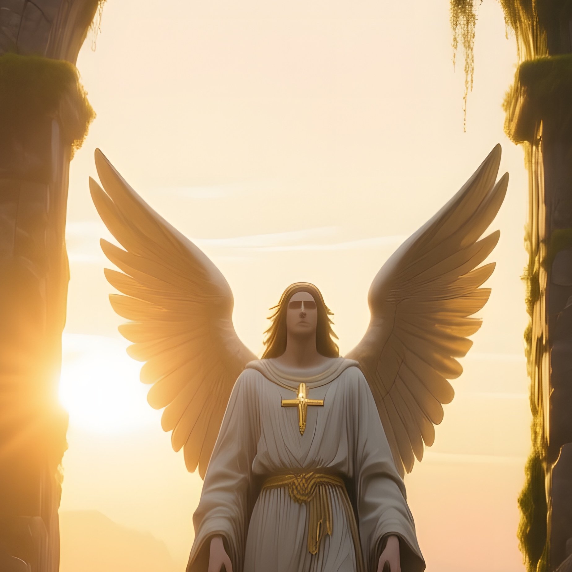 A Solemn Seraph Standing Before A Massive Stone Gate Covered In Moss At Dawn, Sunrise Spilling - Full Resolution Quality Preview