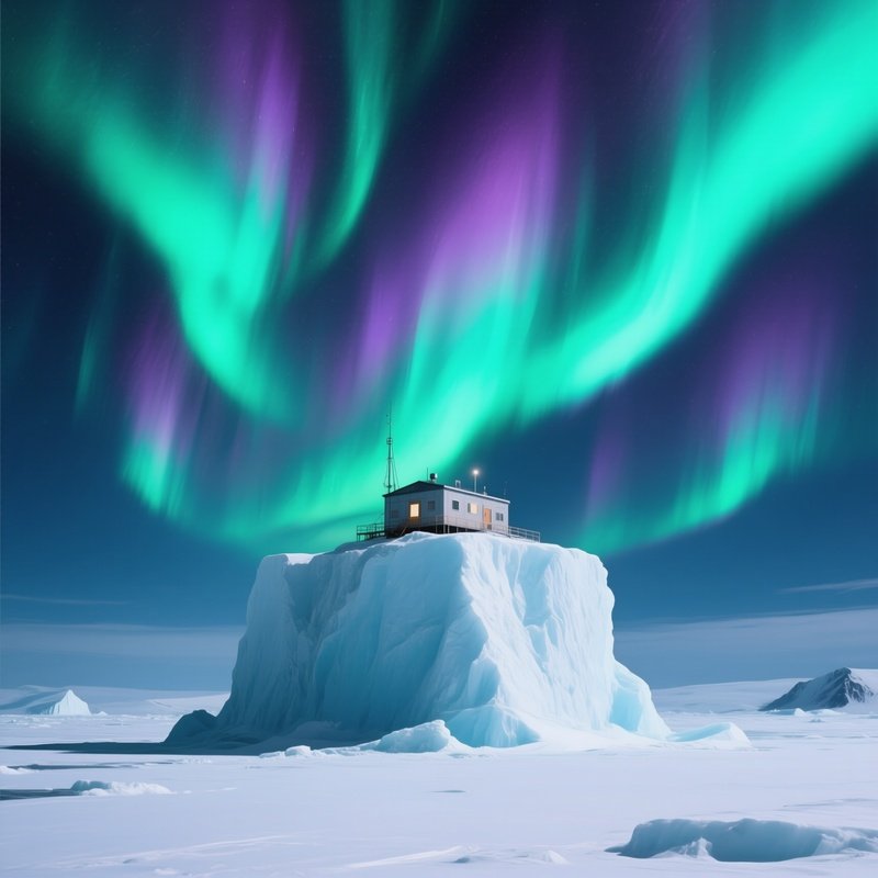 A Solitary Arctic Research Station Perched Atop A Massive Iceberg Under A Vibrant Aurora Borealis,