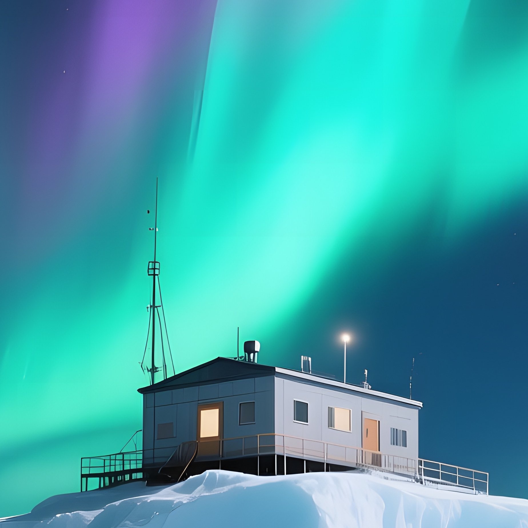 A Solitary Arctic Research Station Perched Atop A Massive Iceberg Under A Vibrant Aurora Borealis, - Full Resolution Quality Preview