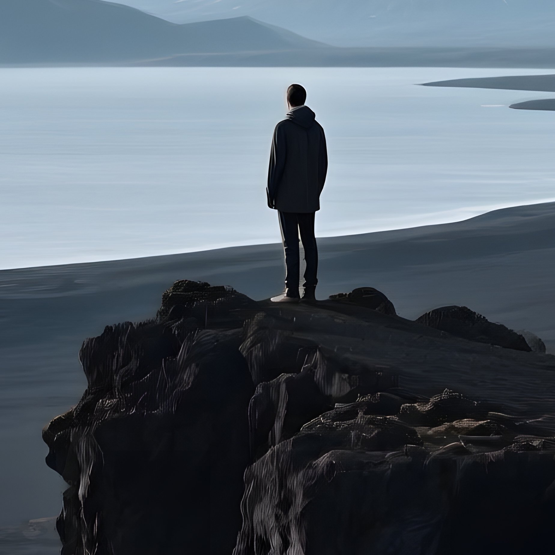 A Solitary Figure Standing On A Rocky Outcrop Landscape Solitude - Full Resolution Quality Preview
