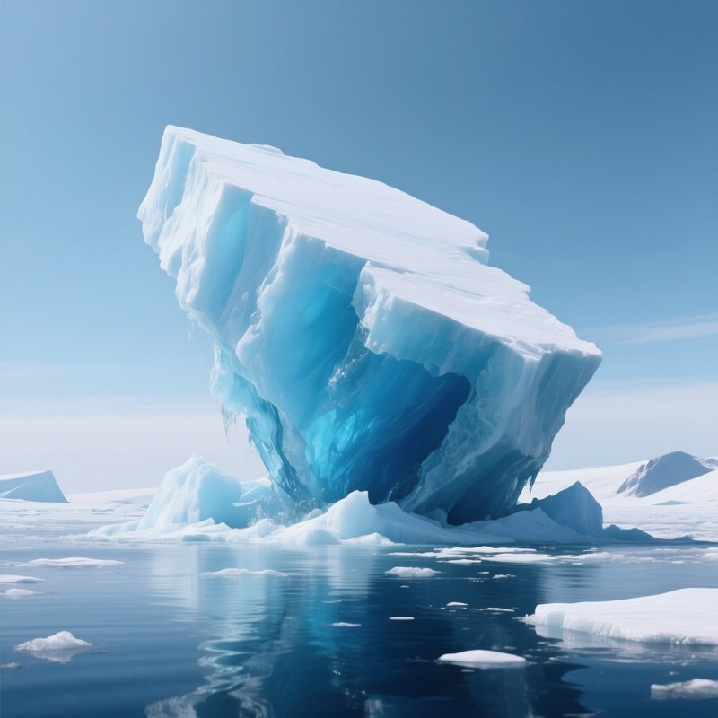 A Solitary Iceberg Flipping And Revealing Deep Blue Ice.