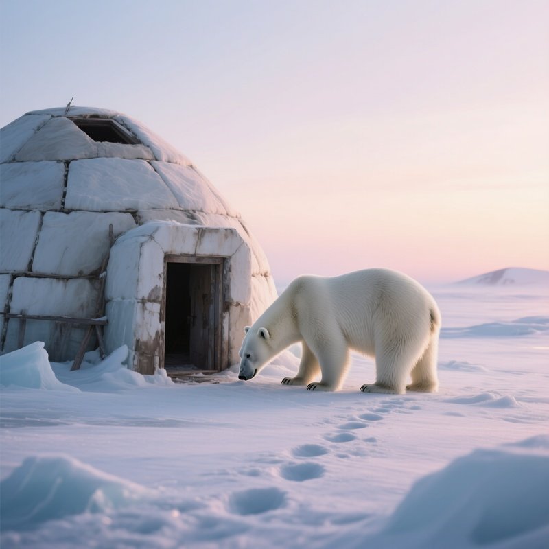 A Solitary Polar Bear Sniffing Near The Entrance Of An Abandoned Igloo At Dawn, The Icy Landscape
