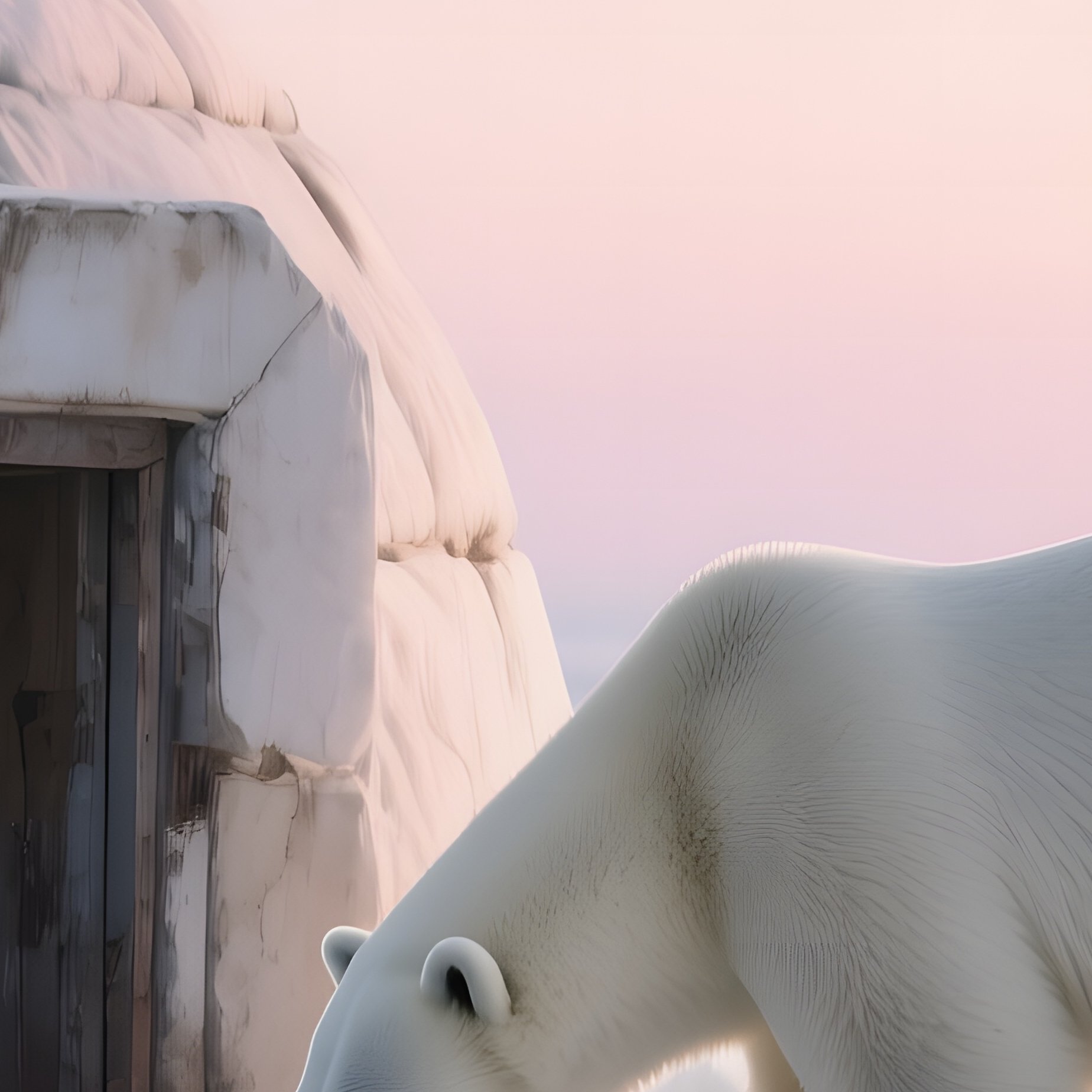 A Solitary Polar Bear Sniffing Near The Entrance Of An Abandoned Igloo At Dawn, The Icy Landscape - Full Resolution Quality Preview