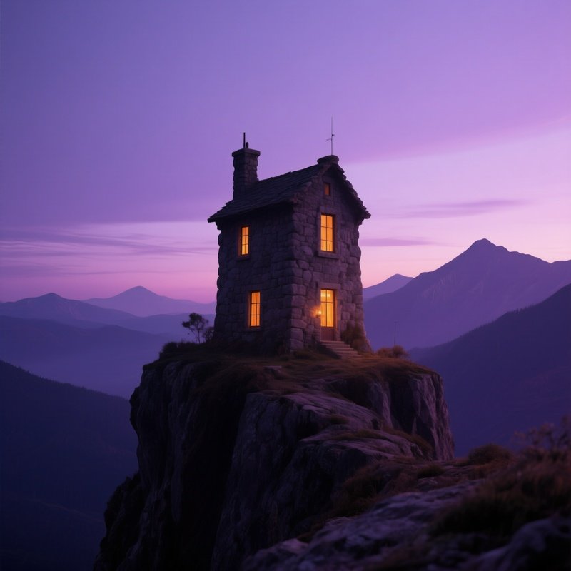 A Solitary Stone Tower House Perched On A Craggy Outcrop At Twilight, Its Windows Glowing Amber,