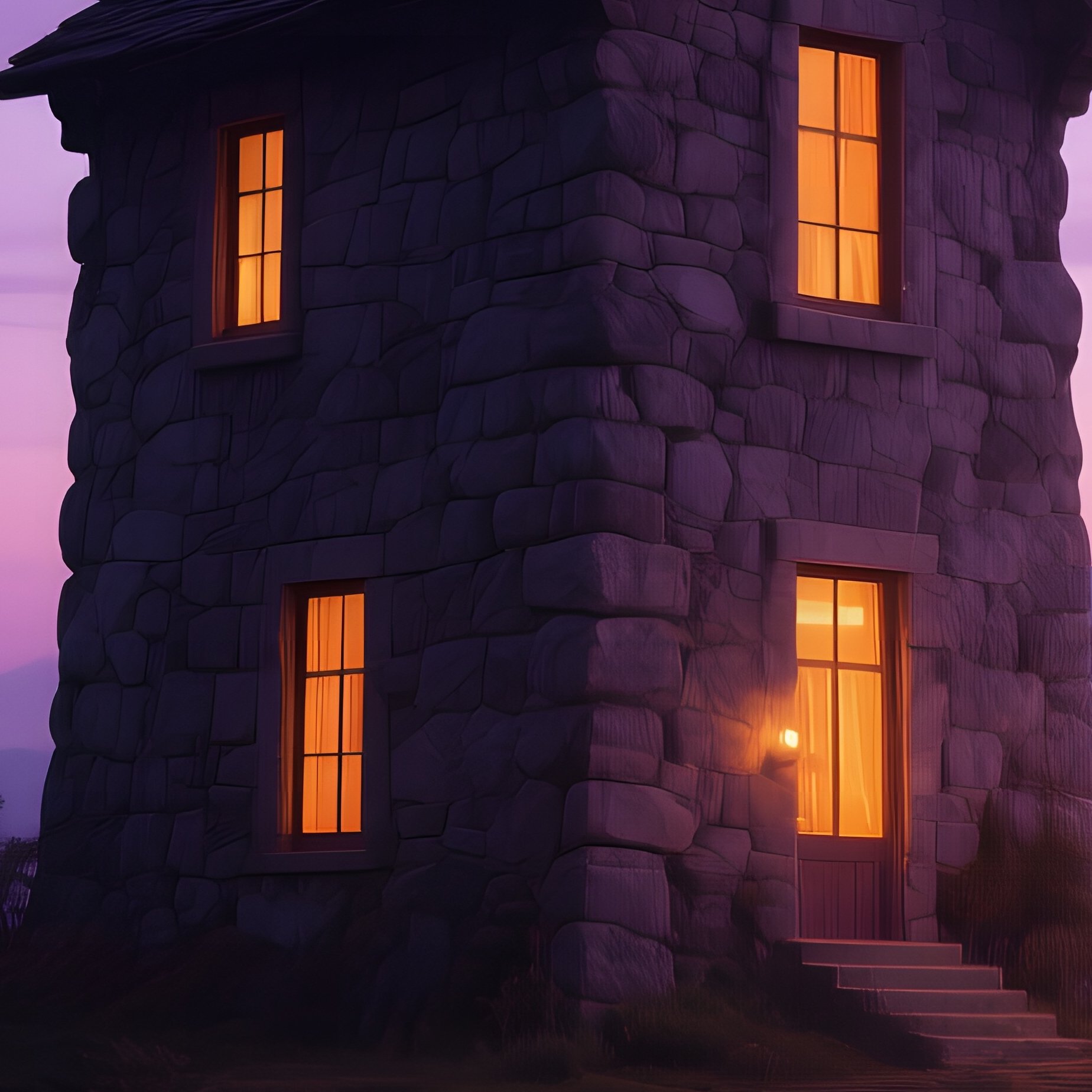 A Solitary Stone Tower House Perched On A Craggy Outcrop At Twilight, Its Windows Glowing Amber, - Full Resolution Quality Preview
