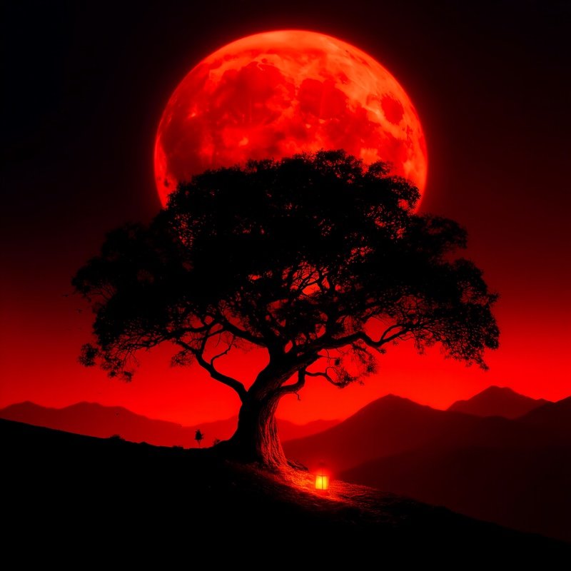 A Solitary Tree Under A Large Red Moon Night Moon