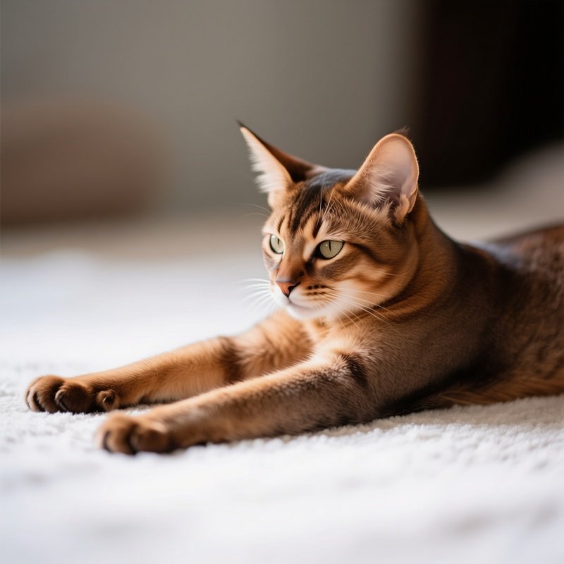 A Somali Cat Full Body Stretch With Front Legs Forward